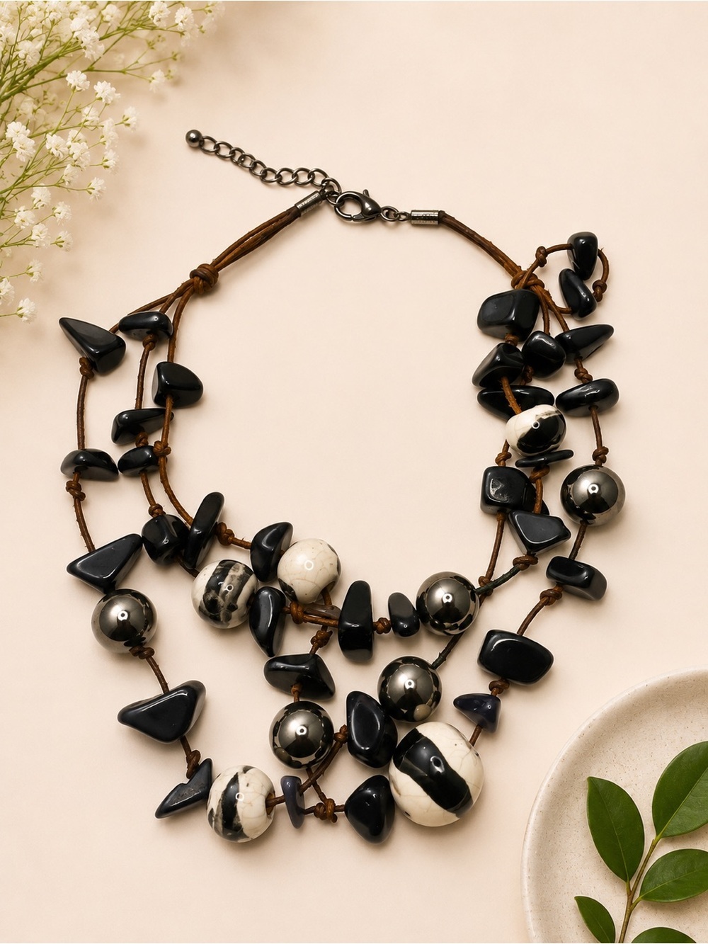 Handcrafted Black & White Beaded Multi-Strand Necklace